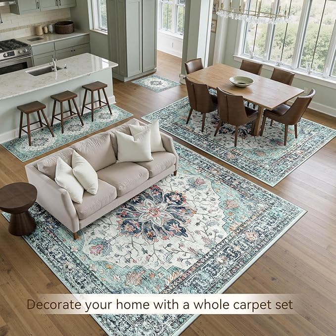 RELEANY Area Rugs 6'x9' Washable Non-Slip, Floral Vintage Distress Print Pattern Medallion Carpet for Living Room Bedroom Dining Room, Green Navy Blue White Red Teal Colorful