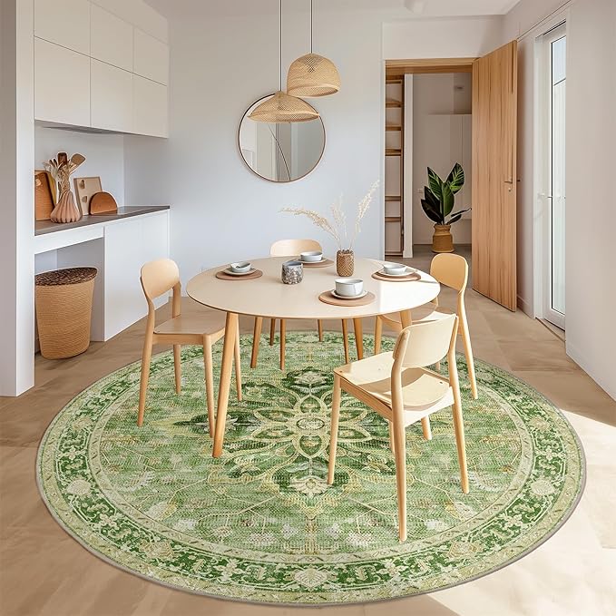 RELEANY Area Rugs 8ft Washable Non-Slip, Floral Vintage Distress Print Pattern Medallion Carpet for Living Room Bedroom Dining Room, Sage Green Yellow