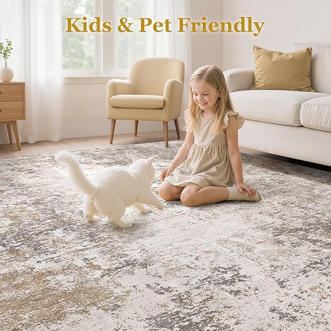 Area Rugs for Living Room: 6x9 Abstract Washable Rug Modern Neutral Large Soft Stain Resistant Non-Slip Backing Machine Table for Bedroom Dining Room Indoor Home Office Carpet - Brown Grey