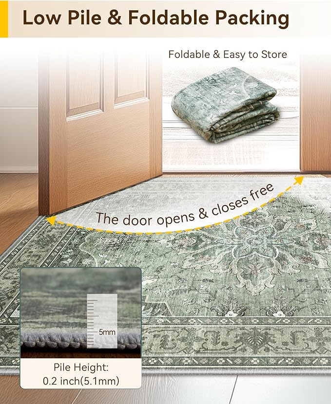 RELEANY Area Rugs 3'x8' Runner Rug Non Slip Washable for Kitchen Hallway Bedroom Beside Laundry Room Bathroom Rug, Floor Carpet, Dark Green Gray