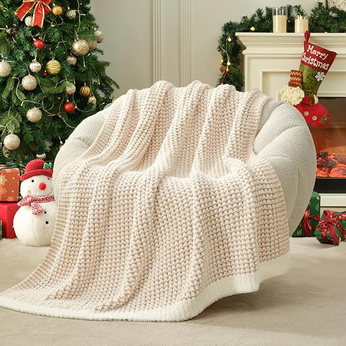 Snuggle Sac Cream Waffle Throw Blanket for Couch Bed Sofa 50x60 inches, Reversible Beige Blanket Microfiber Fluffy Fuzzy Cozy Knit Soft Throws for Women Mothers Birthday Gifts