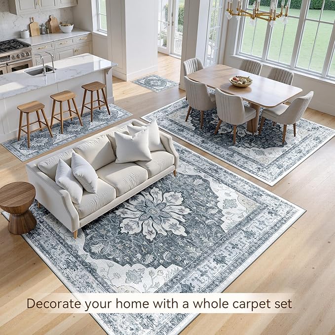 RELEANY Area Rugs 6'x8' Washable Non-Slip, Floral Vintage Distress Print Pattern Medallion Carpet for Living Room Bedroom Dining Room, Light Gray Grey White