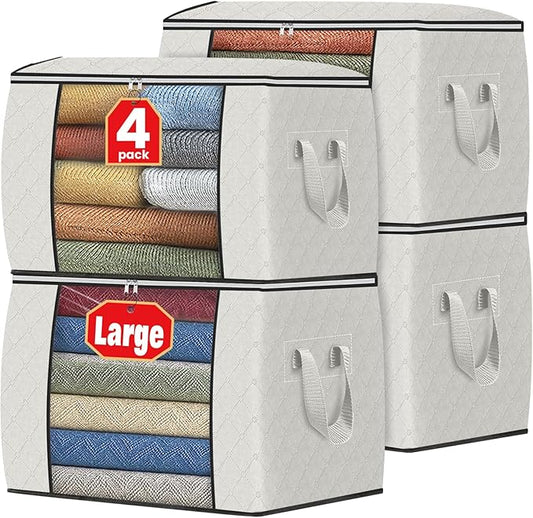 Fab totes 24 Gallons Clothes Storage, Foldable Thick Fabric Blanket Storage Bags, Containers for Organizing Bedroom, Closet, Clothing, Comforter, Organization with Handle (4 Pack,Ivory)