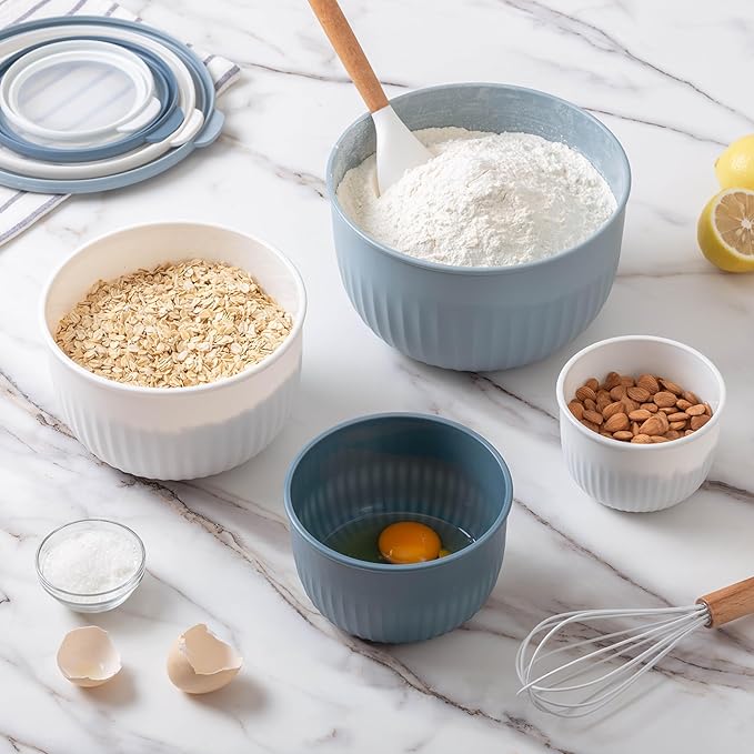 COOK WITH COLOR Prep Bowls with Lids- Wide and Deep Nesting Plastic Small Mixing Bowl Set with Lids, 8 Piece Set - Deep Bowls, Blue/Grey