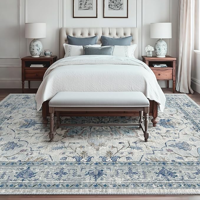 RELEANY Area Rugs 6'x8' Washable Non-Slip, Floral Vintage Distress Print Pattern Medallion Carpet for Living Room Bedroom Dining Room, Light Blue Navy Beige Gray White