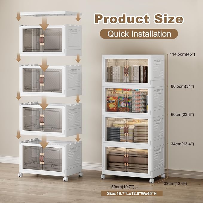 SAILUN 220QT/55Gal Stackable Storage Bins with Lid, Collapsible Storage Bins With Doors and Wheels, Folding Plastic Cabinet Containers for Home Kitchen Closet Organization, 4 Pack