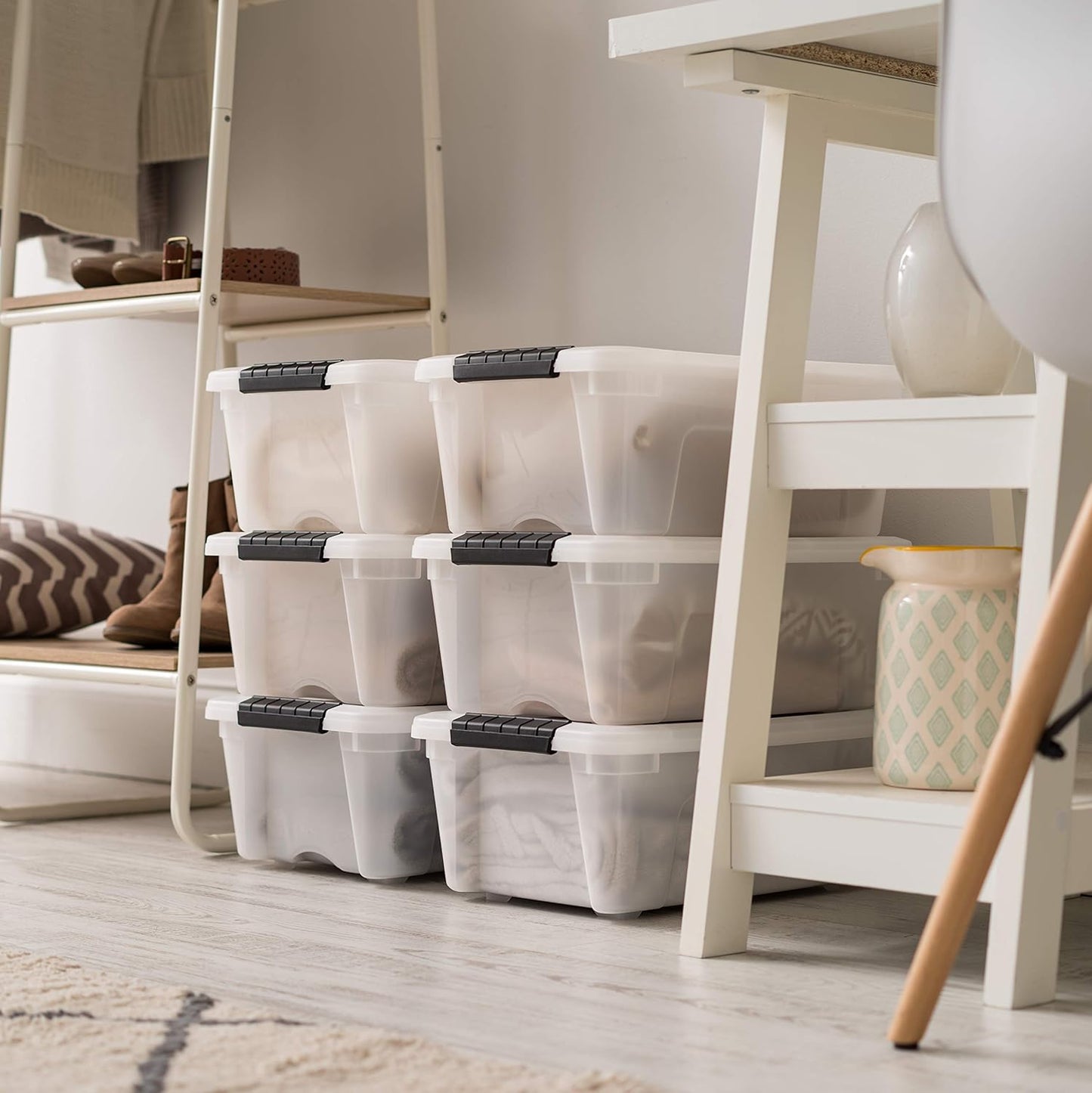 IRIS USA 13 Qt Stackable Plastic Storage Bins with Lids, 6 Pack - BPA-Free, Made in USA - Discreet Organizing Solution, Latches, Durable Nestable Containers, Secure Pull Handle - Pearl