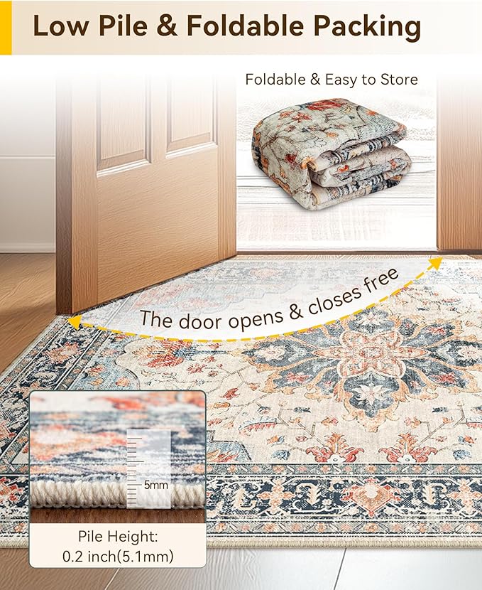 RELEANY Area Rugs 3'x7' Runner Rug Non Slip Washable for Kitchen Hallway Bedroom Beside Laundry Room Bathroom Rug, Floor Carpet, Beige Navy Blue Orange Colorful