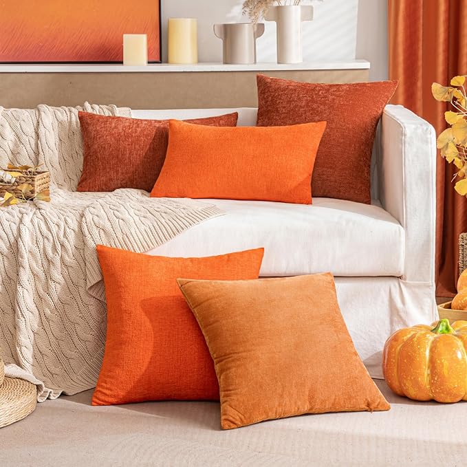 MIULEE Pack of 2 Orange Throw Pillow Covers 16x16 Inch Soft Chenille Pillow Covers for Sofa Living Room Couch Solid Dyed Cases