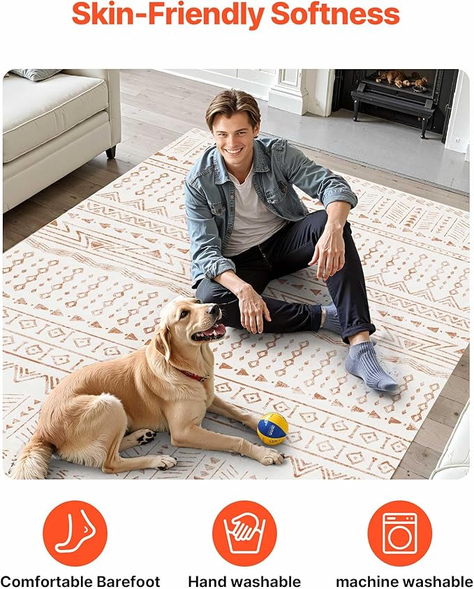 VEVOR 6 x 9 ft Area Rug Large Washable Rug Non-Slip and Tear-Resistant Soft Carpet Pet & Child Friendly Modern Area Rugs Indoor Mat for Bedroom Office Living Room Kids Room Entryway Beige
