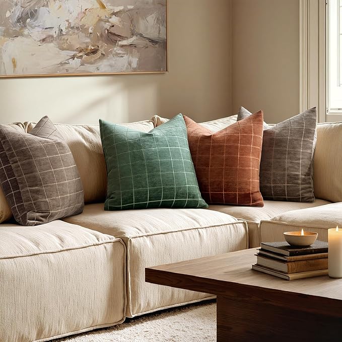 MIULEE Decorative Chenille Check Throw Pillow Covers Vintage Plaid Couch Pillows 18x18 Inch Set of 2 Neutral Boho Farmhouse Cushion Covers Modern Home Decor for Sofa Bed Living Room Burnt Orange