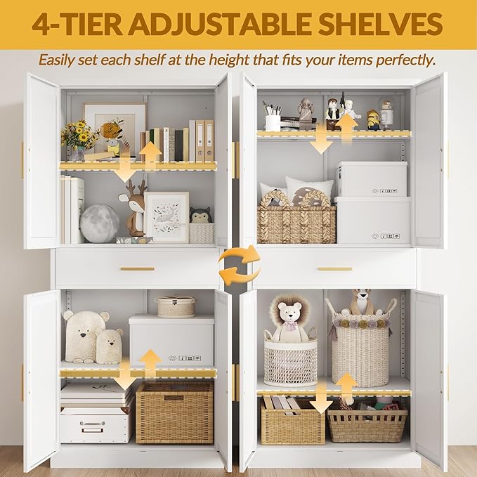 Kitchen Pantry Cabinet,71” Metal Tall Pantry Storage Cabinet with Doors 2 Adjustable Shelves and a Drawer,Kitchen Storage Cabinets White Freestanding Food Cabinet for Pantries, Kitchen, Dining Room