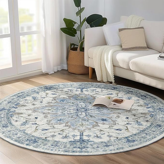 RELEANY Area Rugs 7ft Washable Non-Slip, Floral Vintage Distress Print Pattern Medallion Carpet for Living Room Bedroom Dining Room, Light Blue Navy Beige Gray White