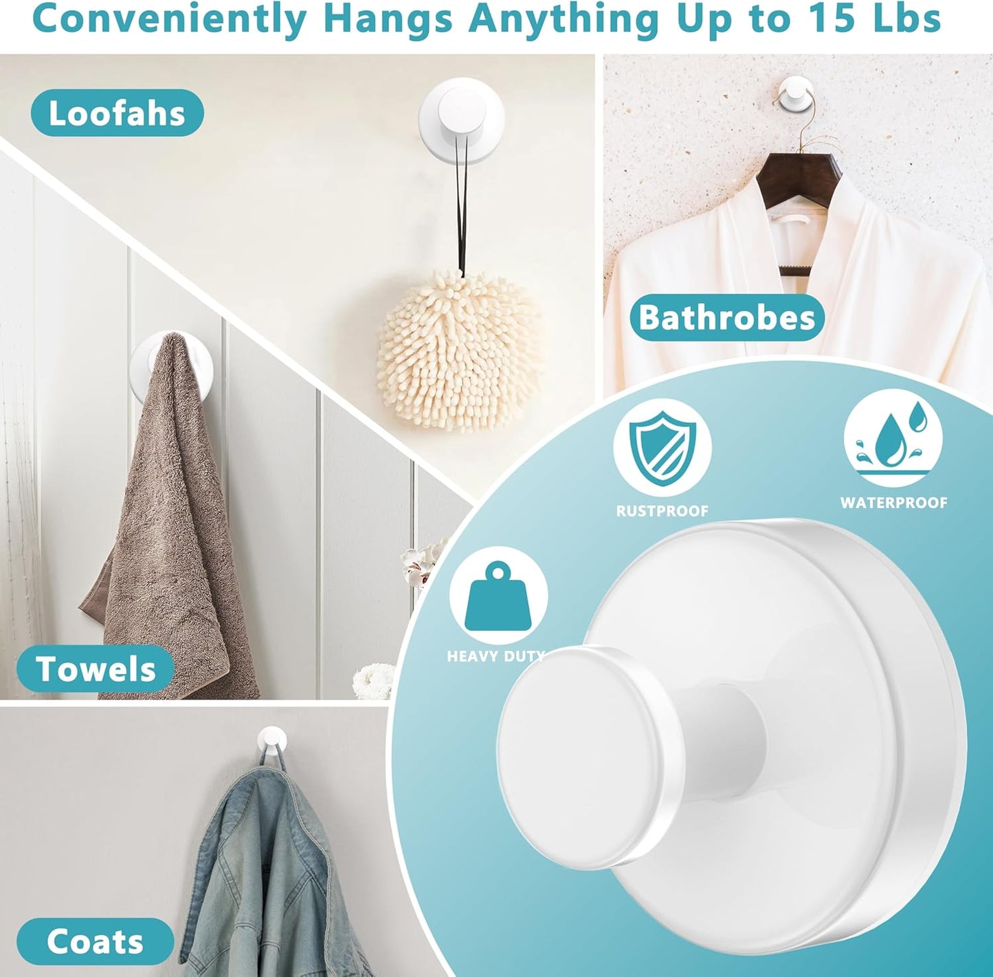 Suction Cup Hooks for Shower,Removable No Drill Towel Hooks,Upgraded 15 lbs Strong Suction hooks for Bathroom Tile,Shower Wall,Glass Door,Kitchen-Loofah,Coat,Stainless Waterproof-White 4 Pcs