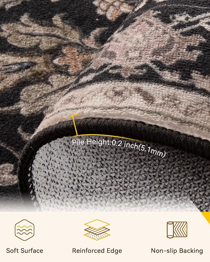 RELEANY Area Rugs 5'x7' Washable Non-Slip, Floral Vintage Distress Print Pattern Medallion Carpet for Living Room Bedroom Dining Room, Black Brown Neutral Dark Tan