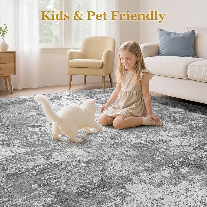 8x10 Area Rugs for Living Room：Washable Rug Abstract Modern Neutral Large Soft Stain Resistant Non-Slip Backing Machine Table for Bedroom Dining Room Indoor Home Office Carpet - Light Grey