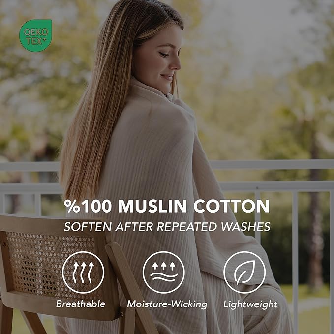 Goqan Muslin Blanket King Size 90x108 – 100% Turkish Cotton 4 Layer Boho Muslin Blanket for Adults, Four Season, Lightweight and Thin, Soft, Breathable for Bed, Couch - Beige