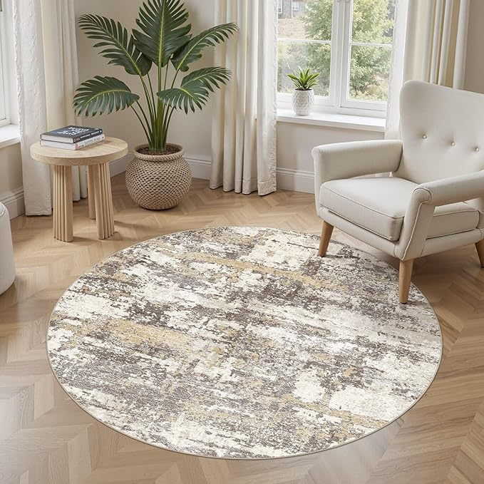 5ft Round Area Rugs for Living Room: 5x5 Abstract Washable Rug Modern Large Soft Stain Resistant Non-Slip Backing Machine Table for Bedroom Dining Room Indoor Home Office Carpet - Gold Brown