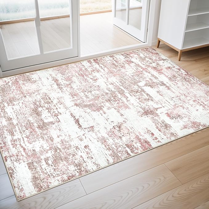 Hallway Washable Runner Rug: 3x5 Abstract Modern Soft Stain Resistant Non-Slip Backing Runner for for Entryway Kitchen Laundry Living Bathroom - Pink
