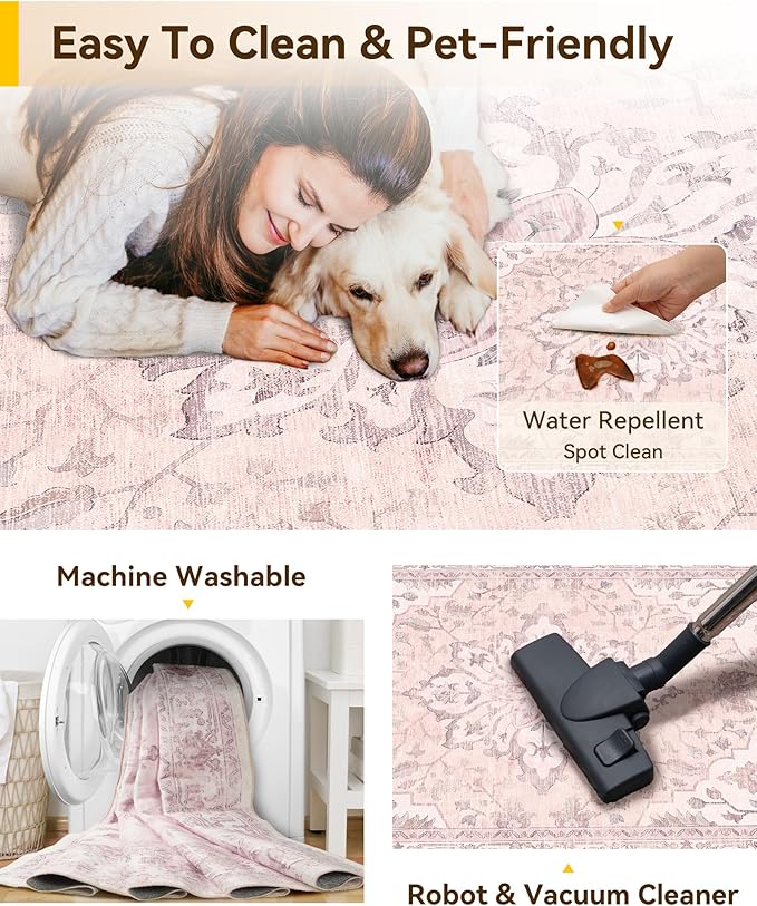 RELEANY Area Rugs 2'6''x8' Runner Rug Non Slip Washable for Kitchen Hallway Bedroom Beside Laundry Room Bathroom Rug, Floor Carpet, Pink Greypink Cute