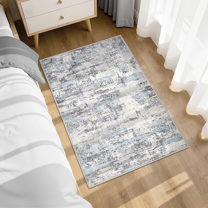 Washable Area Rugs: 2x3 Abstract Modern Soft Stain Resistant Non-Slip Backing for Living Room Entryway Bedroom Nursery - Blue Grey