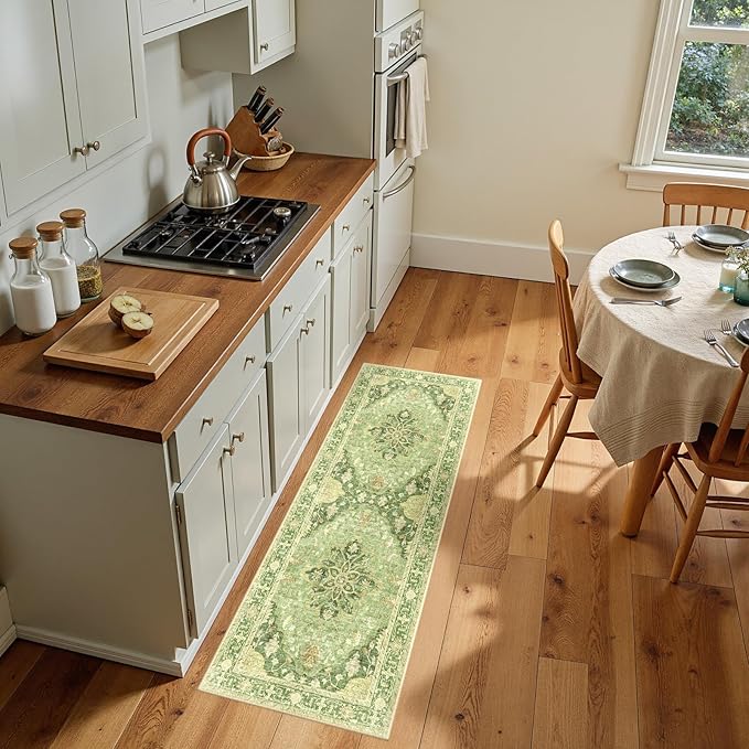RELEANY Area Rugs 2'x5' Runner Rug Non Slip Washable for Kitchen Hallway Bedroom Beside Laundry Room Bathroom Rug, Floor Carpet, Sage Green Yellow