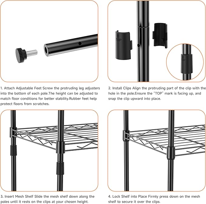 IZEUK 4 Tier Metal Wire Shelf Unit, Black Storage Rack Organizer for Kitchen, Bedroom, Living Room or Laundry Room, 17.7" W x 11.8" D x 41.9" H