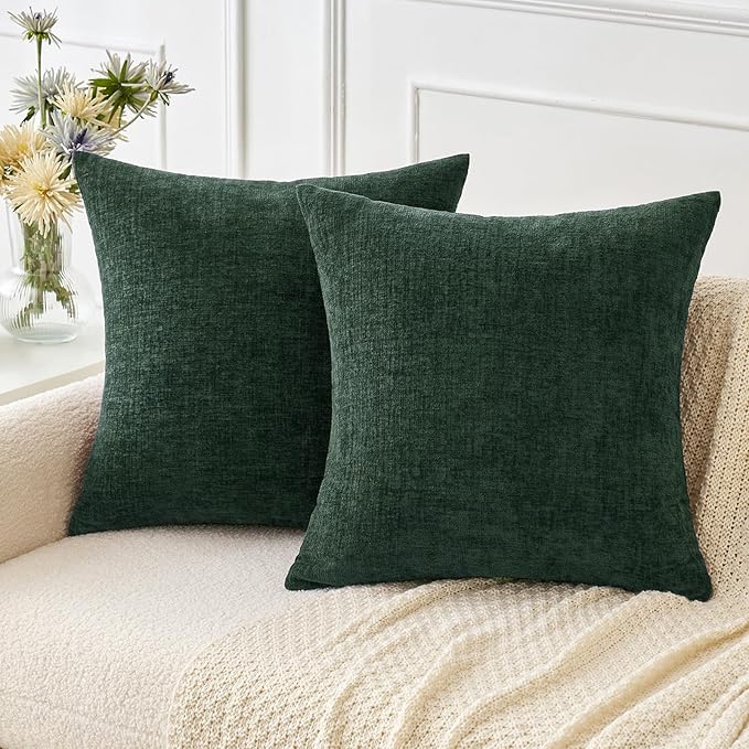 MIULEE Pack of 2 Christmas Green Throw Pillow Covers 16x16 Inch Soft Chenille Pillow Covers for Sofa Living Room Couch Solid Dyed Cases