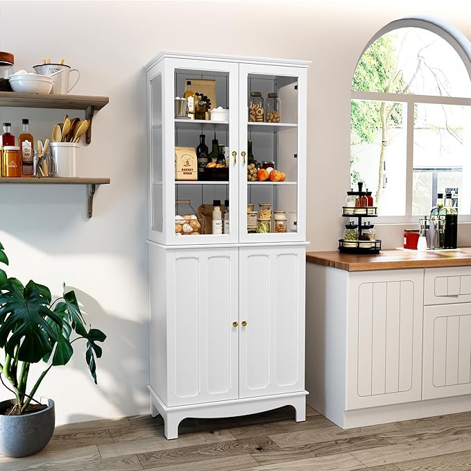 72" Tall Kitchen Pantry Cabinet with Glass Door and Adjustable Shelves, Vintage Food Storage Cabinet for Kitchen, Dining Room, Living Room, White