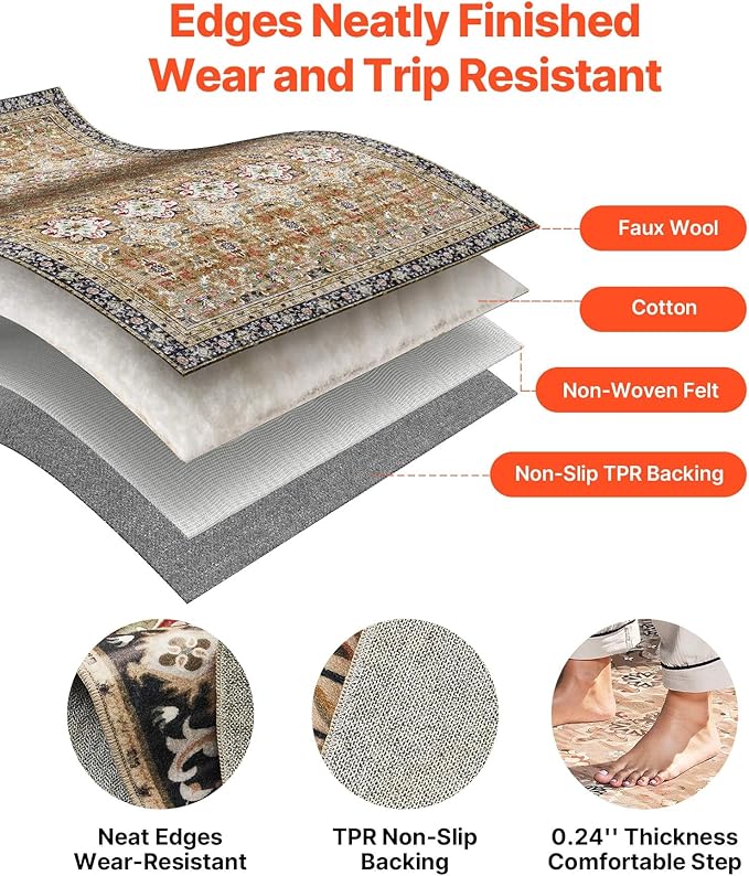 VEVOR 6 x 9 ft Area Rug Large Washable Rug Non-Slip and Tear-Resistant Soft Carpet Pet & Child Friendly Vintage Area Rugs Indoor Mat for Bedroom Living Room Kids Room Entryway Brown Green