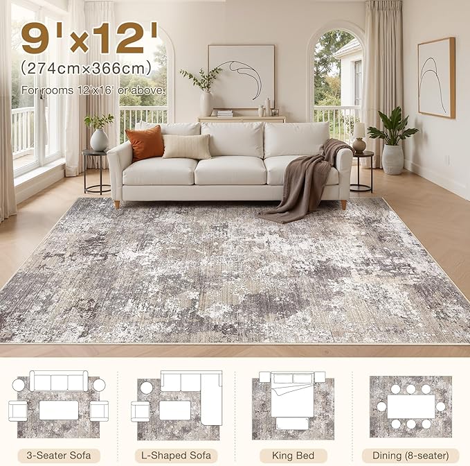 Area Rugs for Living Room: 9x12 Abstract Washable Rug Modern Neutral Large Soft Stain Resistant Non-Slip Backing Machine Table for Bedroom Dining Room Indoor Home Office Carpet - Light Brown