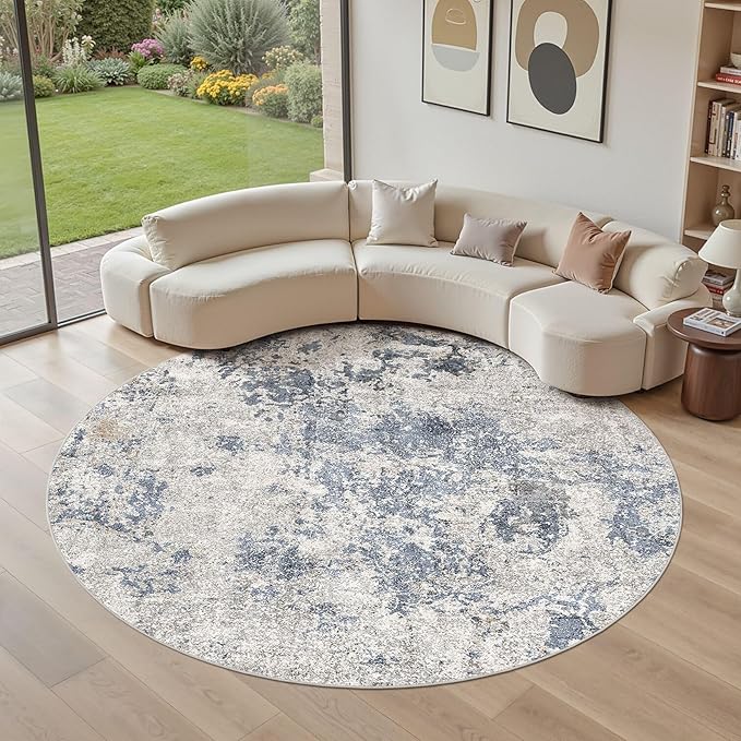 8ft Round Area Rugs for Living Room: 8x8 Abstract Washable Rug Modern Large Soft Stain Resistant Non-Slip Backing Machine Table for Bedroom Dining Room Indoor Home Office Carpet - Blue Brown