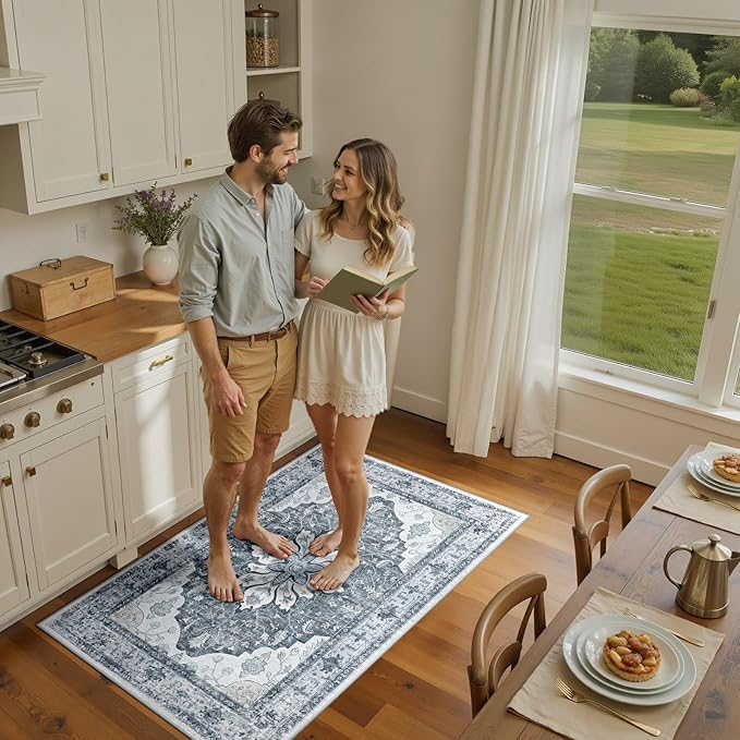 RELEANY Area Rugs 3'x5' Washable Non-Slip, Floral Vintage Distress Print Pattern Medallion Carpet for Living Room Bedroom Dining Room, Light Gray Grey White