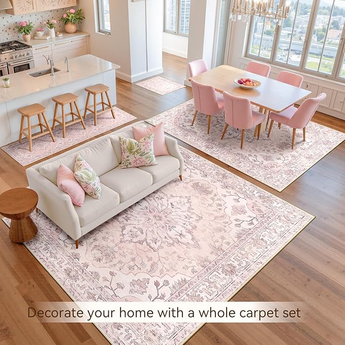 RELEANY Area Rugs Square 8ft Washable Non-Slip, Floral Vintage Distress Print Pattern Medallion Carpet for Living Room Bedroom Dining Room, Pink Greypink Cute