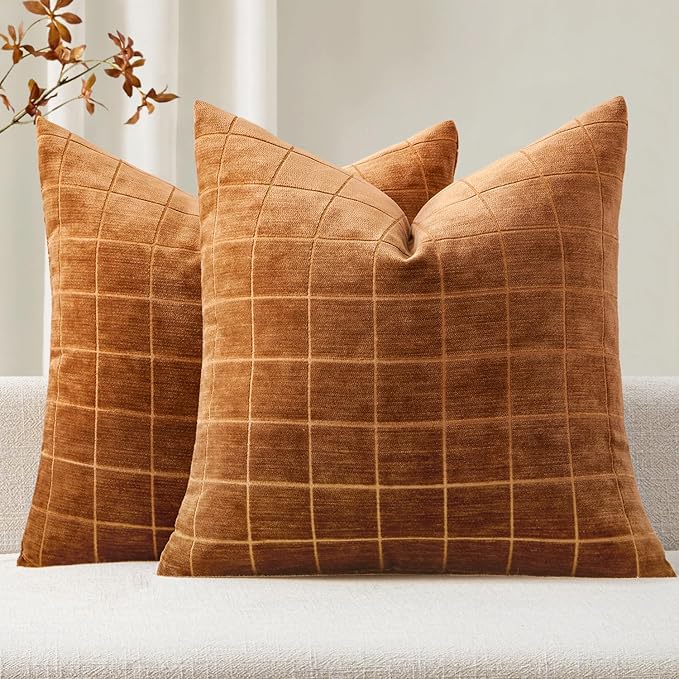 MIULEE Decorative Chenille Check Throw Pillow Covers Vintage Plaid Couch Pillows 18x18 Inch Set of 2 Neutral Boho Farmhouse Cushion Covers Modern Spring Home Decor for Sofa Bed Living Room Bronze