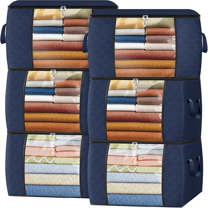 Fab totes 24 Gallons Clothes Storage,Foldable Thick Fabric Blanket Storage Bags,Containers for Organizing Bedroom, Closet, Clothing, Comforter,Organization with Handle (6 Pack,Blue)