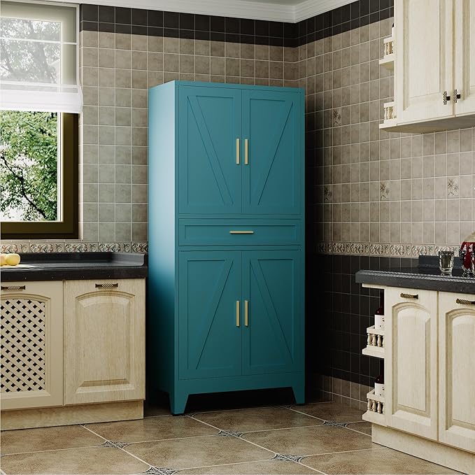 71" Pantry Cabinet in Blue, with 4 Doors & Center Drawer,Max Organization Storage Cabinet with Adjustable Shelves, Freestanding Farmhouse Storage Cupboard for Spacious Kitchen, Dining Room