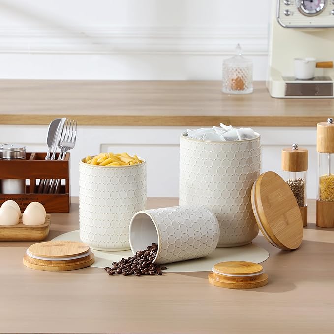 MALACASA LYDIA Ceramic Canisters Set with Airtight Lids, 80/40/20 oz Coffee Canisters Sets for the Kitchen, Large Jars for Flour, Sugar, Pasta, Coffee, Cookies, Tea - Set of 3, Hexagon