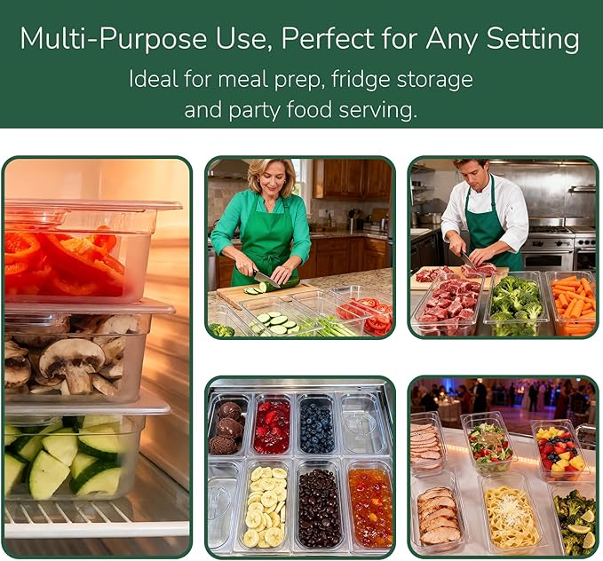 6 Pack food Pans with Lids 1/3 Size, Commercial Food-grade material, Impact-resistant and shockproof, For Salad Bars, Hot Deli Items & Dessert Toppings, Prep Table & Refrigerator Friendly