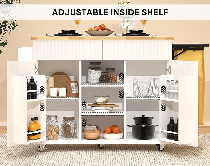 Kitchen Island with Storage, Rolling Kitchen Island on Wheel with Drop Leaf, Foldable Trash Bag, Spice Rack, Towel Bar, Storage Cabinet, Drawer, Kitchen Cart Island Table for Kitchen, White