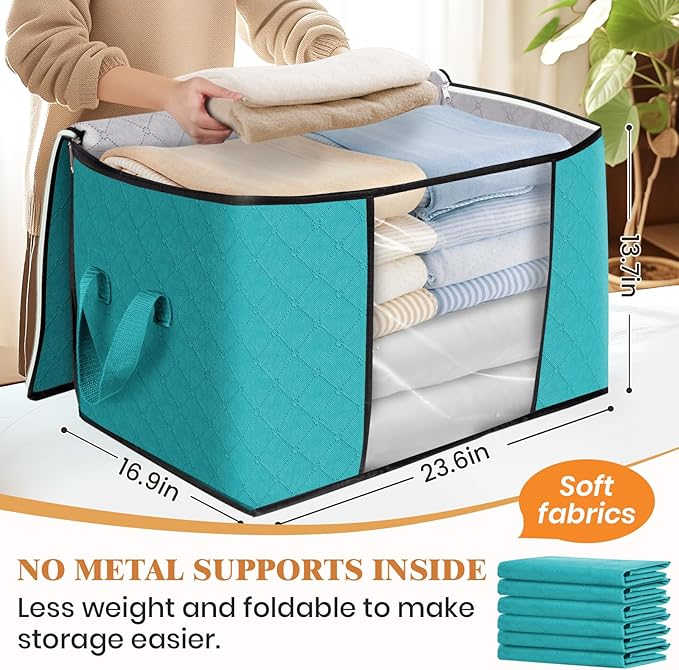 Fab totes 24 Gallons Clothes Storage, Foldable Thick Fabric Blanket Storage Bags, Containers for Organizing Bedroom, Closet, Clothing, Comforter, Organization with Handle (6 Pack,Green)