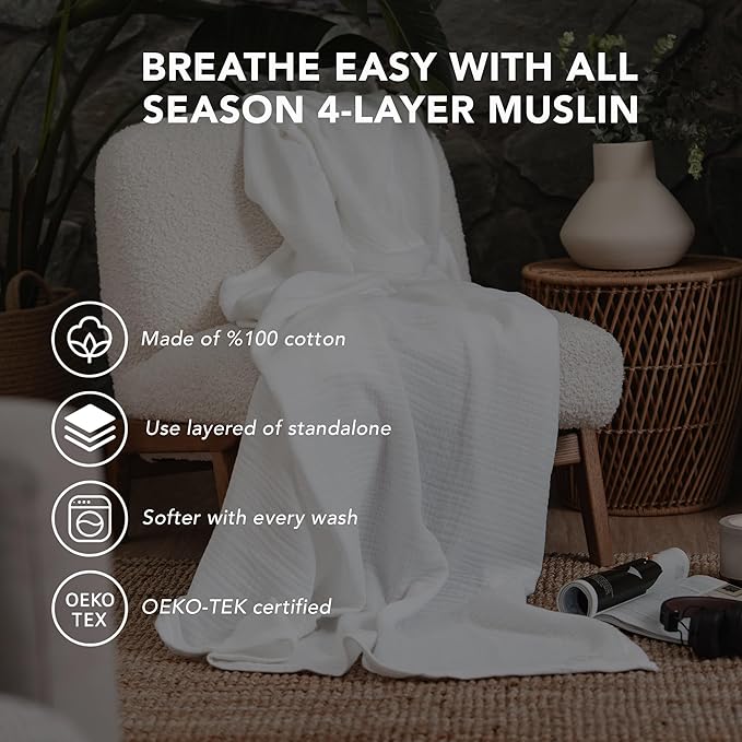 Goqan Muslin Blanket King Size 90x108 – 100% Turkish Cotton 4 Layer Boho Muslin Blanket for Adults, Four Season, Lightweight and Thin, Soft, Breathable for Bed, Couch - White