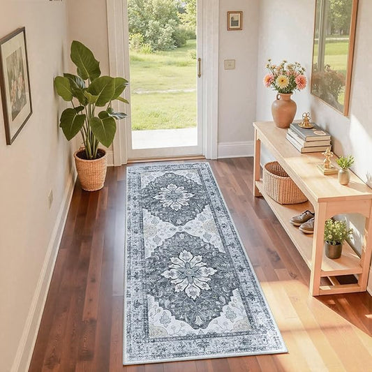 RELEANY Area Rugs 2'x6' Runner Rug Non Slip Washable for Kitchen Hallway Bedroom Beside Laundry Room Bathroom Rug, Floor Carpet, Light Gray Grey White