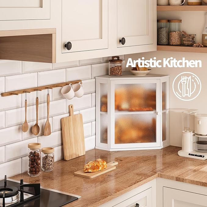 Corner Bread Box for Kitchen Countertop,Bread Storage for Homemade Bread, Double Layer Large Bamboo Kitchen Storage Bin with Window (White, Large)