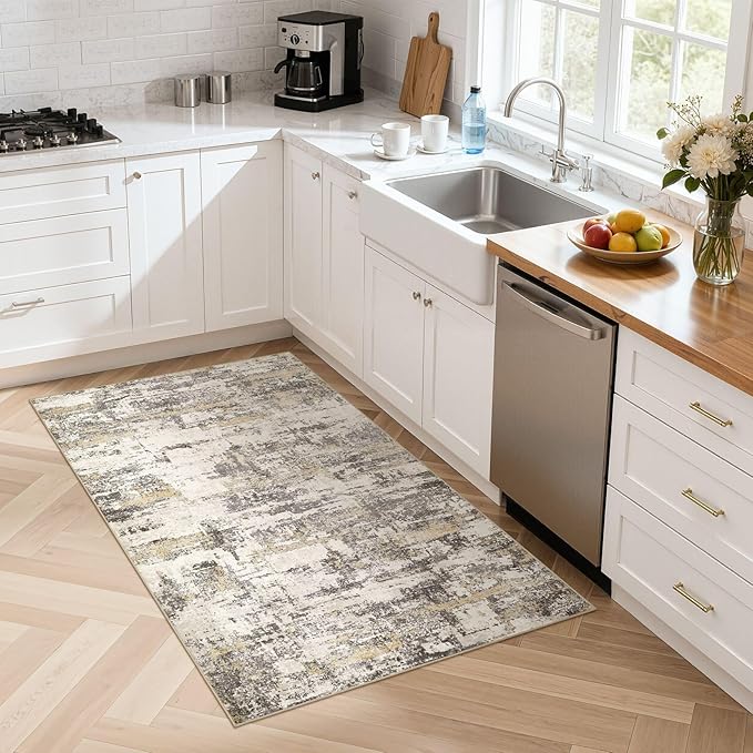 Hallway Washable Runner Rug: 3x5 Abstract Modern Soft Stain Resistant Non-Slip Backing Runner for for Entryway Kitchen Laundry Living Bathroom - Gold Brown