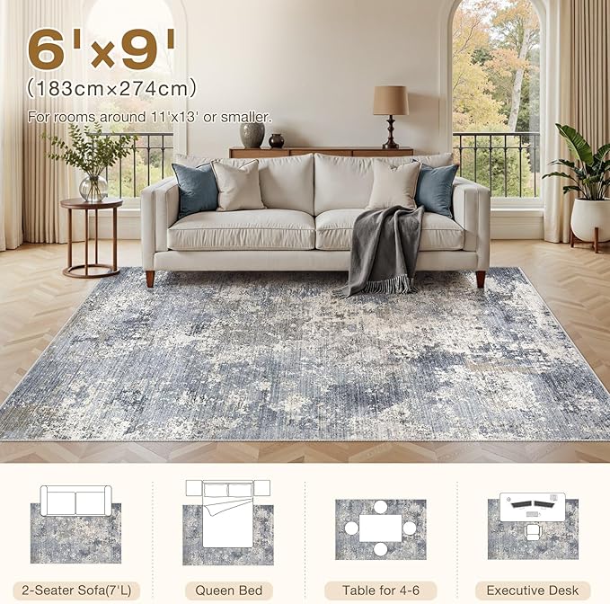 Area Rugs for Living Room: 6x9 Abstract Washable Rug Modern Neutral Large Soft Stain Resistant Non-Slip Backing Machine Table for Bedroom Dining Room Indoor Home Office Carpet - Light Denim Blue