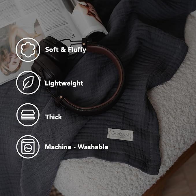 Goqan Muslin Blanket Twin 55x79 – 100% Turkish Cotton 4 Layer Boho Muslin Blanket for Adults, Four Season, Lightweight and Thin, Soft, Breathable - Dark Grey