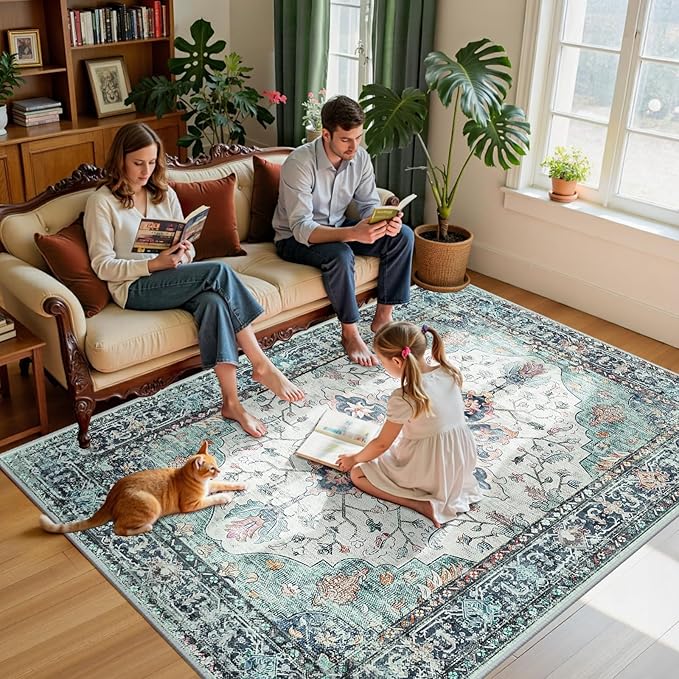 RELEANY Area Rugs 6'x9' Washable Non-Slip, Floral Vintage Distress Print Pattern Medallion Carpet for Living Room Bedroom Dining Room, Green Navy Blue White Red Teal Colorful