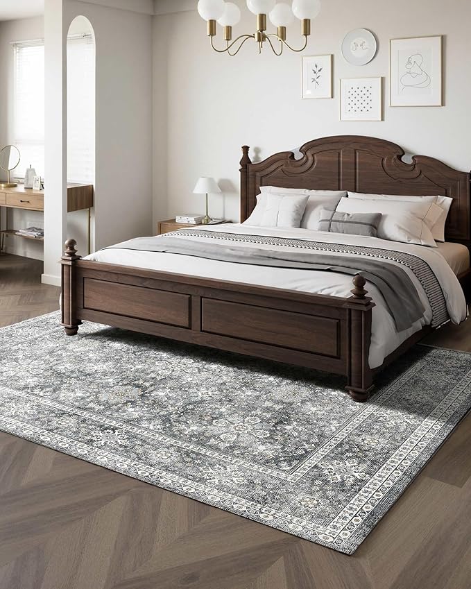 VEVOR 8 x 10 ft Area Rug Large Washable Rug Non-Slip and Tear-Resistant Soft Carpet Pet & Child Friendly Vintage Area Rugs Indoor Mat for Bedroom Living Room Kids Room Entryway Office Gray