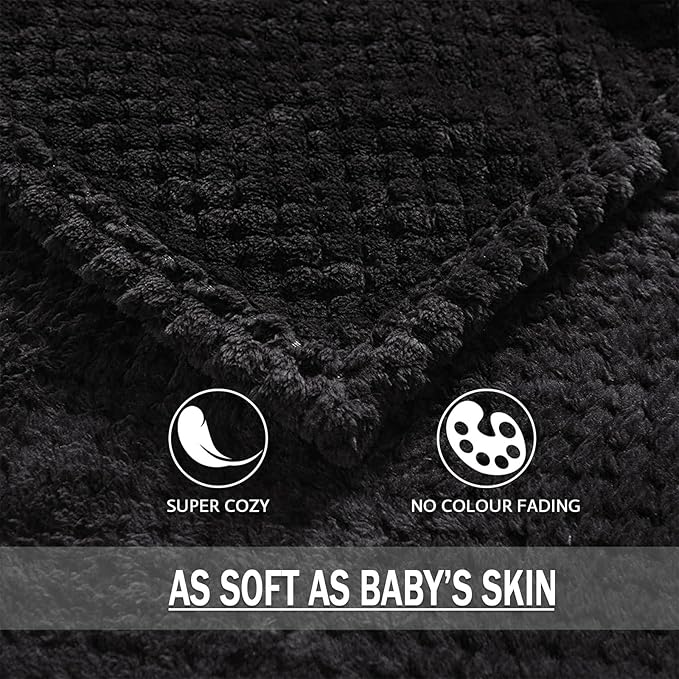 Exclusivo Mezcla Fleece Bed Blanket Twin Size, Super Soft and Warm Blankets for Couch, Sofa and Bed Waffle Textured, Cozy, Fuzzy and Lightweight (Black, 90x66 Inches)